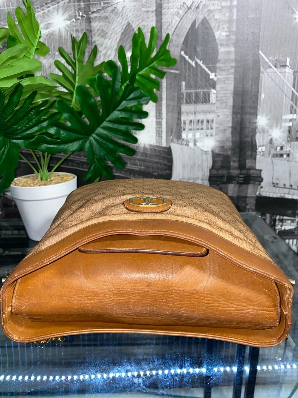 Authentic Vintage Celine Macadam Tan Brown coated Canvas & Leather Shoulder Bag